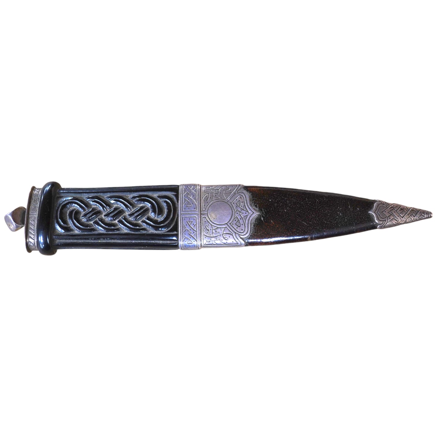 A George V Scottish silver mounted ebony and leather singh dhu, George Paul, Edinburgh, 1919, 16.6cm. Condition - poor